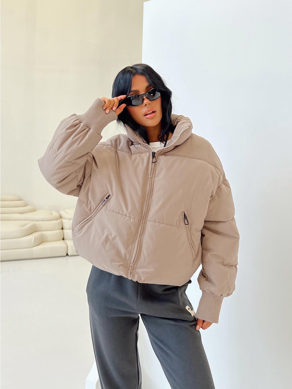 Princess Polly 7th Avenue Puffer Jacket Beige 8 NWT